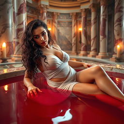 A seductive Roman woman lounging in a luxurious Roman-style bath filled with a deep red liquid resembling blood, her long curly hair cascading over her shoulders