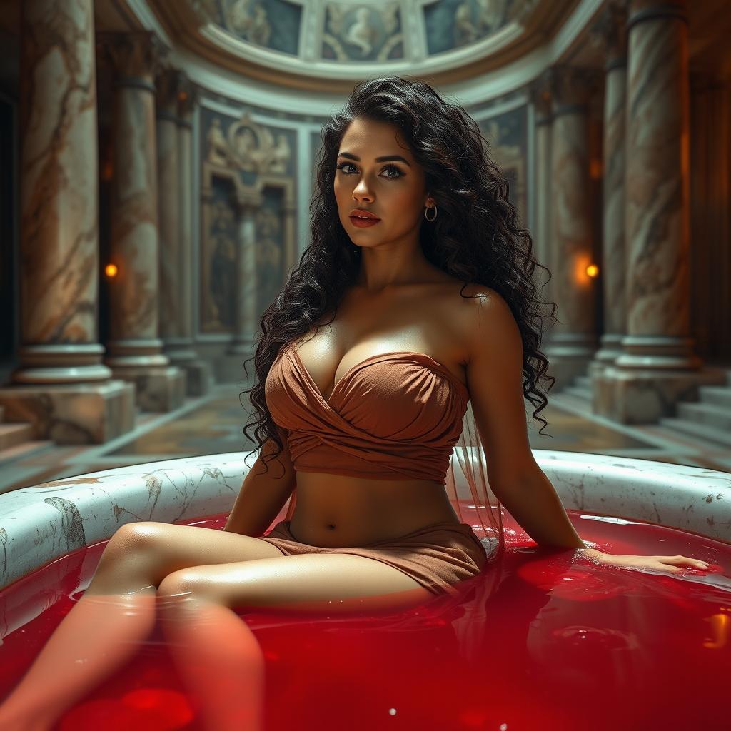 A seductive Roman woman lounging in a luxurious Roman-style bath filled with a deep red liquid resembling blood, her long curly hair cascading over her shoulders