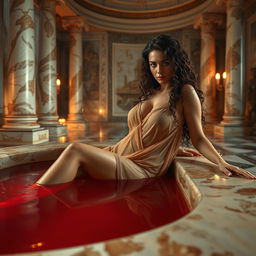 A seductive Roman woman lounging in a luxurious Roman-style bath filled with a deep red liquid resembling blood, her long curly hair cascading over her shoulders