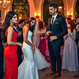 A tall model-like woman with fair skin and long black hair that is straight with a gentle wave, wearing black heels and a form-fitting red dress, exuding elegance with her deep dark black eyes