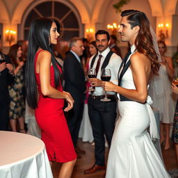 A tall model-like woman with fair skin and long black hair that is straight with a gentle wave, wearing black heels and a form-fitting red dress, exuding elegance with her deep dark black eyes