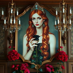 A Victorian dance hall wall section adorned with an exquisitely detailed portrait of a long, wavy red-haired woman