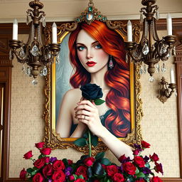 A Victorian dance hall wall section adorned with an exquisitely detailed portrait of a long, wavy red-haired woman