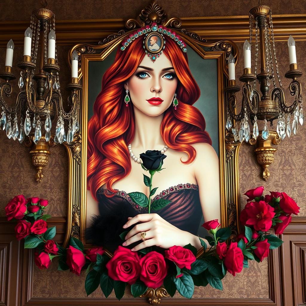 A Victorian dance hall wall section adorned with an exquisitely detailed portrait of a long, wavy red-haired woman