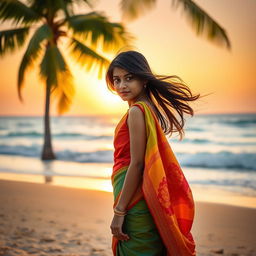 A beautiful Indian girl standing on a picturesque beach, her dark hair flowing gently in the sea breeze