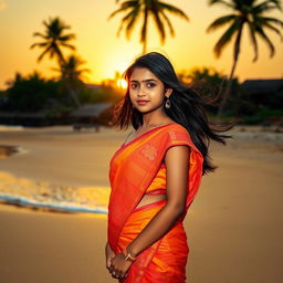 A beautiful Indian girl standing on a picturesque beach, her dark hair flowing gently in the sea breeze