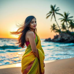 A beautiful Indian girl standing on a picturesque beach, her dark hair flowing gently in the sea breeze