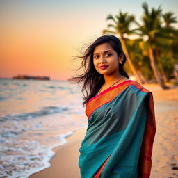 A beautiful Indian girl standing on a picturesque beach, her dark hair flowing gently in the sea breeze