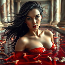 a seductive Roman woman with flowing dark hair and an alluring gaze, submerged in a dramatic blood bath filled with ancient bones