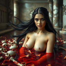 a seductive Roman woman with flowing dark hair and an alluring gaze, submerged in a dramatic blood bath filled with ancient bones