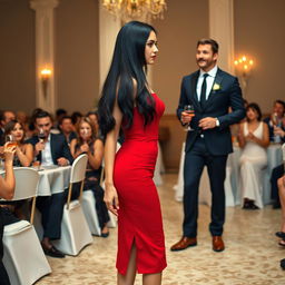 A tall model-like woman with fair skin and long black hair that is straight with a wave, wearing black heels and a tight red dress, with deep dark black eyes