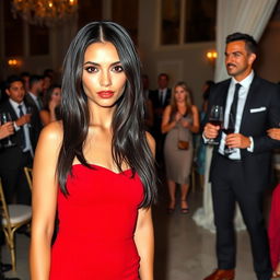 A tall model-like woman with fair skin and long black hair that is straight with a wave, wearing black heels and a tight red dress, with deep dark black eyes