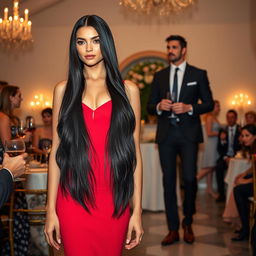 A tall model-like woman with fair skin and long black hair that is straight with a wave, wearing black heels and a tight red dress, with deep dark black eyes