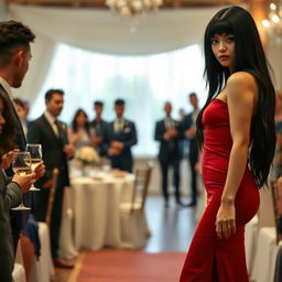 A tall model-like woman with fair skin and long black hair that is straight with a wave, wearing black heels and a tight red dress, with deep dark black eyes