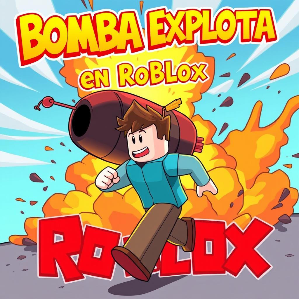 A vibrant and dynamic YouTube thumbnail illustration depicting a cartoon-style explosion in the Roblox world