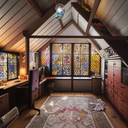 A cozy half-slanted loft room featuring stained glass windows, a soft carpet, dim yet inviting lighting, quality wooden closets and shelves laden with clothes, decor reflecting the passions of a coffee-loving, autumn-enthused young woman, a bed inviting comfort and a gem-embedded light dressing table.