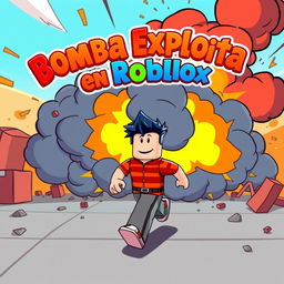 A vibrant and dynamic YouTube thumbnail illustration depicting a cartoon-style explosion in the Roblox world