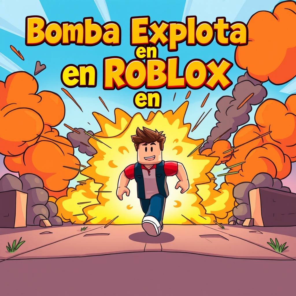 A vibrant and dynamic YouTube thumbnail illustration depicting a cartoon-style explosion in the Roblox world