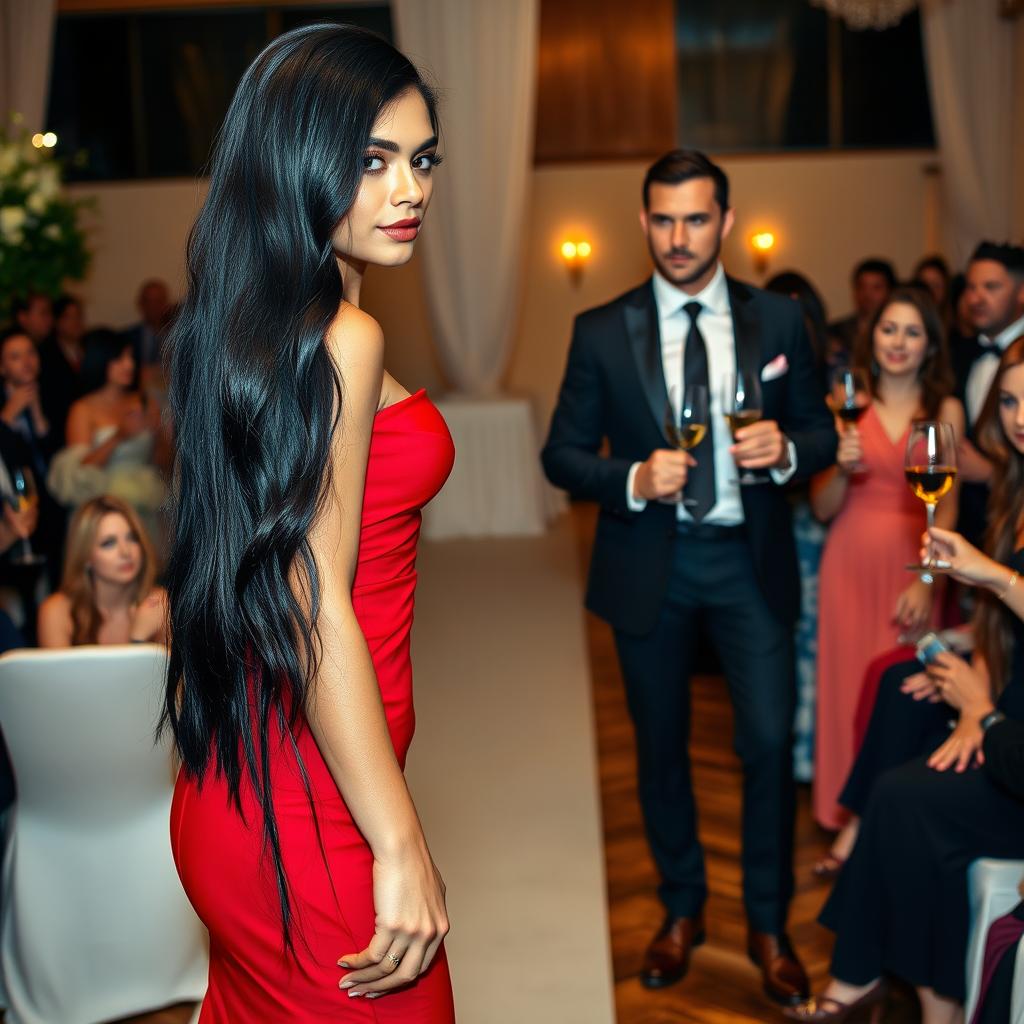 A tall woman with a model-like physique and fair skin, with long black hair that is straight with subtle waves, wearing black heels and a figure-hugging red dress, and having deep, dark black eyes