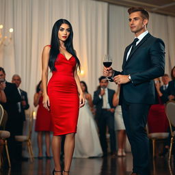 A tall woman with a model-like physique and fair skin, with long black hair that is straight with subtle waves, wearing black heels and a figure-hugging red dress, and having deep, dark black eyes