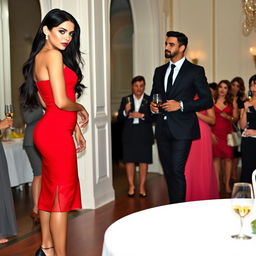 A tall woman with a model-like physique and fair skin, with long black hair that is straight with subtle waves, wearing black heels and a figure-hugging red dress, and having deep, dark black eyes