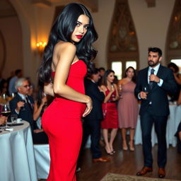 A tall woman with a model-like physique and fair skin, with long black hair that is straight with subtle waves, wearing black heels and a figure-hugging red dress, and having deep, dark black eyes