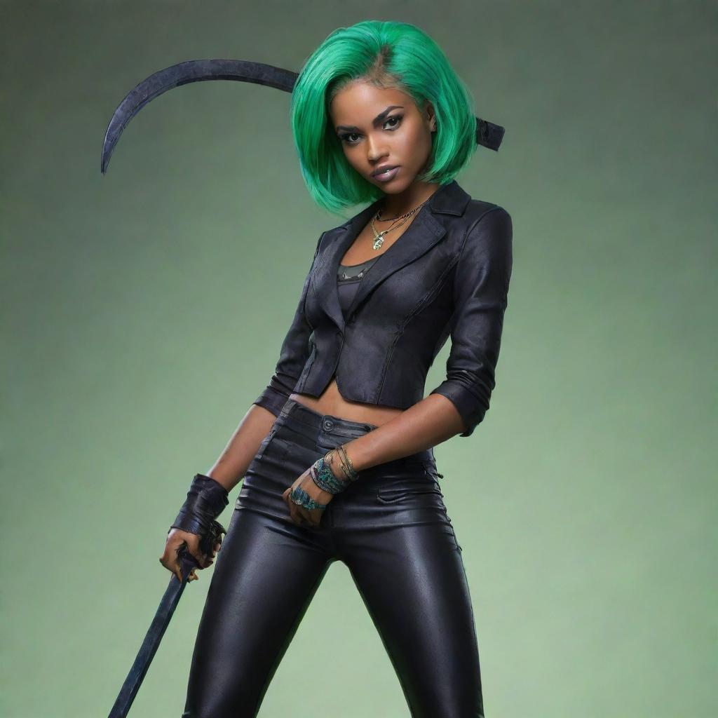 A Jojo-style teenager with Latin heritage and black skin, she has vibrant green hair. Her right arm is replaced with a stylized stand, which is embodied by a grim reaper-like scythe.