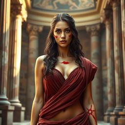 A seductive Roman woman, with an alluring look, standing amidst the aura of ancient Rome