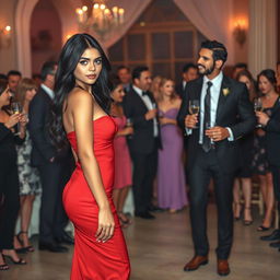 A tall model-like woman with fair skin and long, slightly wavy black hair, wearing black heels and a form-fitting red dress that enhances her elegant appearance, with striking deep dark black eyes