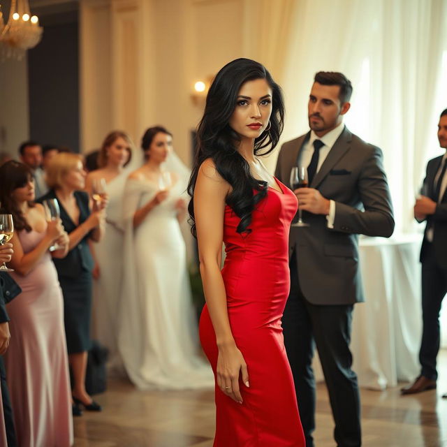 A tall model-like woman with fair skin and long, slightly wavy black hair, wearing black heels and a form-fitting red dress that enhances her elegant appearance, with striking deep dark black eyes