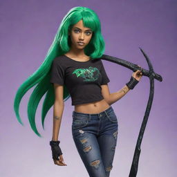 A Jojo-style teenager with Latin heritage and black skin, she has vibrant green hair. Her right arm is replaced with a stylized stand, which is embodied by a grim reaper-like scythe.