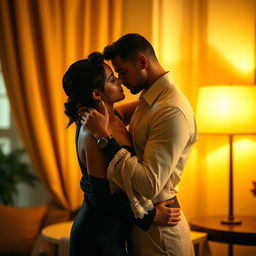 A sensual and romantic scene between a couple in an intimate embrace, set in a beautifully lit room with soft, ambient lighting