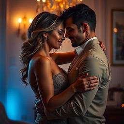 A sensual and romantic scene between a couple in an intimate embrace, set in a beautifully lit room with soft, ambient lighting