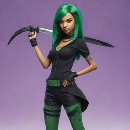 A Jojo-style teenager with Latin heritage and black skin, she has vibrant green hair. Her right arm is replaced with a stylized stand, which is embodied by a grim reaper-like scythe.