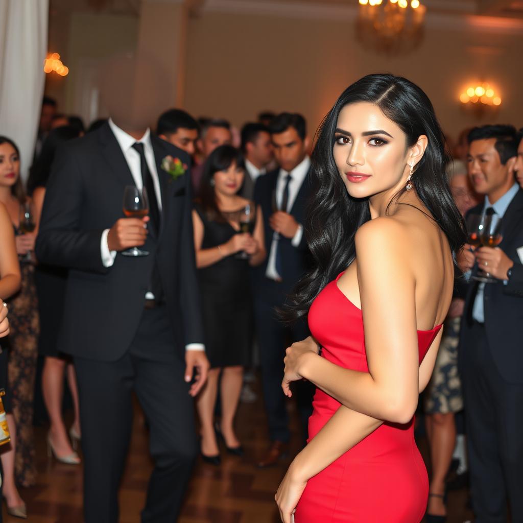 A tall model-like woman with fair skin and long, slightly wavy black hair, wearing black heels and a form-fitting red dress, with deep dark black eyes