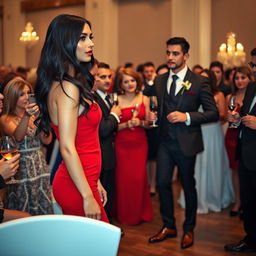 A tall model-like woman with fair skin and long, slightly wavy black hair, wearing black heels and a form-fitting red dress, with deep dark black eyes