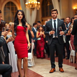 A tall model-like woman with fair skin and long, slightly wavy black hair, wearing black heels and a form-fitting red dress, with deep dark black eyes