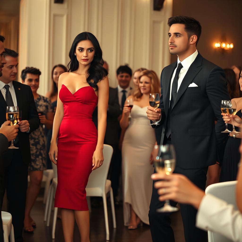 A tall model-like woman with fair skin and long, slightly wavy black hair, wearing black heels and a form-fitting red dress, with deep dark black eyes