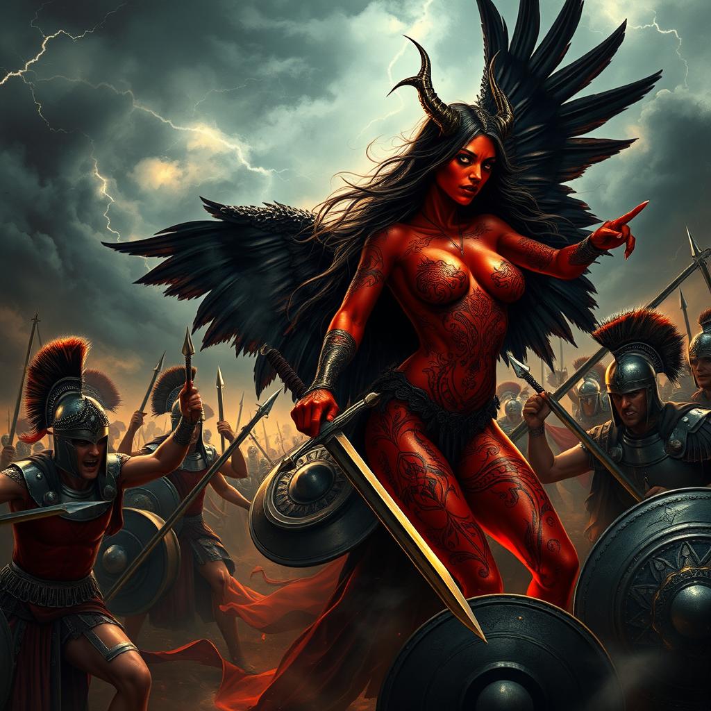 A breathtaking scene of a seductive demoness in an epic battle with Roman soldiers