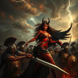 A breathtaking scene of a seductive demoness in an epic battle with Roman soldiers