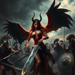 A breathtaking scene of a seductive demoness in an epic battle with Roman soldiers