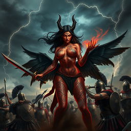 A breathtaking scene of a seductive demoness in an epic battle with Roman soldiers