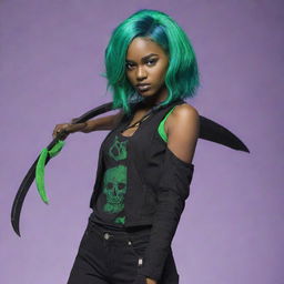 A Jojo-style teenager with Latin heritage and black skin, she has vibrant green hair. Her right arm is replaced with a stylized stand, which is embodied by a grim reaper-like scythe.