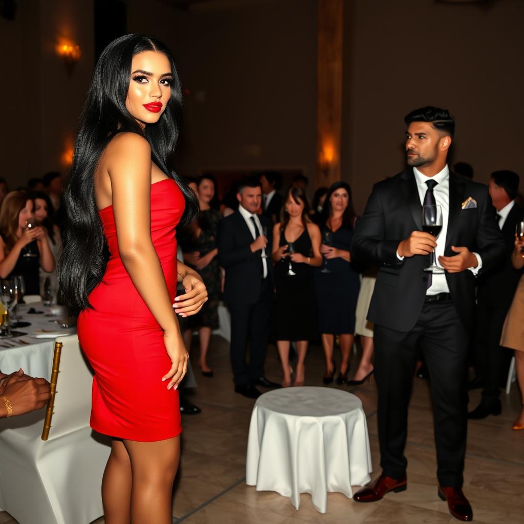 A tall woman with a model-like physique and fair skin, with long black hair that is straight with subtle waves, wearing black heels and a figure-hugging red dress, with deep, dark black eyes