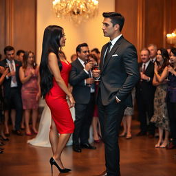 A tall woman with a model-like physique and fair skin, with long black hair that is straight with subtle waves, wearing black heels and a figure-hugging red dress, with deep, dark black eyes