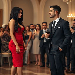 A tall woman with a model-like physique and fair skin, with long black hair that is straight with subtle waves, wearing black heels and a figure-hugging red dress, with deep, dark black eyes