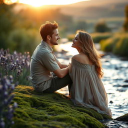 A romantic scene featuring a couple sitting side by side on a mossy bank by a gently flowing river, surrounded by blooming lavender and the golden glow of the setting sun