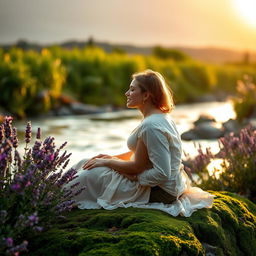 A romantic scene featuring a couple sitting side by side on a mossy bank by a gently flowing river, surrounded by blooming lavender and the golden glow of the setting sun