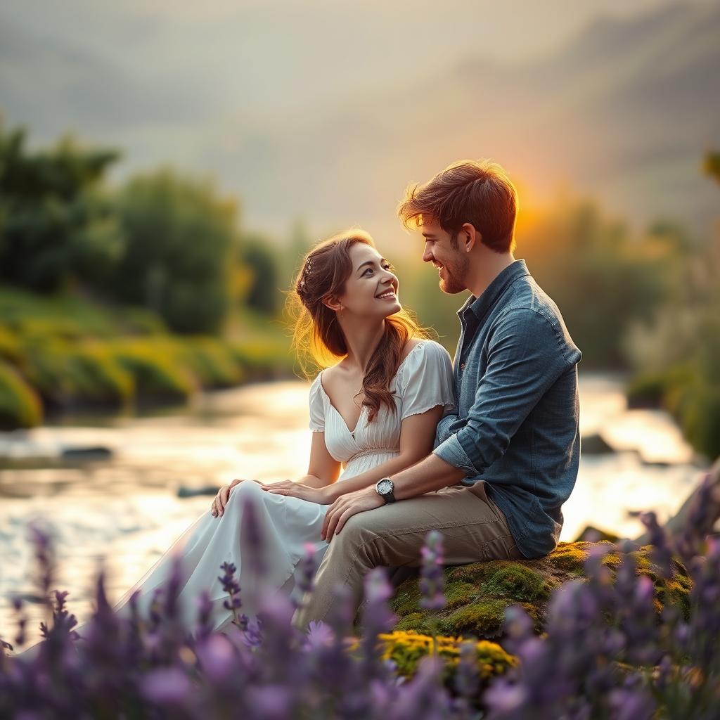 A romantic scene featuring a couple sitting side by side on a mossy bank by a gently flowing river, surrounded by blooming lavender and the golden glow of the setting sun