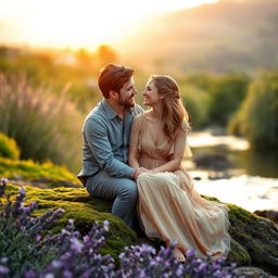 A romantic scene featuring a couple sitting side by side on a mossy bank by a gently flowing river, surrounded by blooming lavender and the golden glow of the setting sun